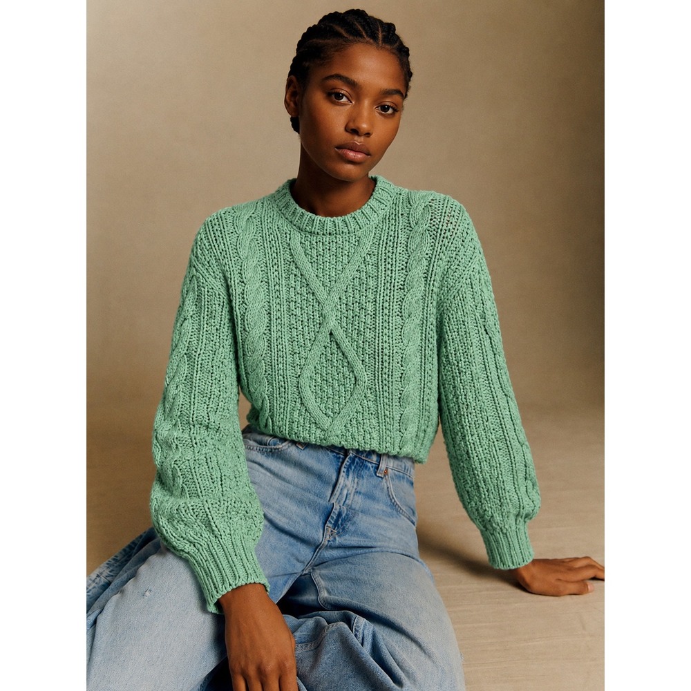 Free People Mint Green Cable Knit Cotton Cropped Sweater Womens Small